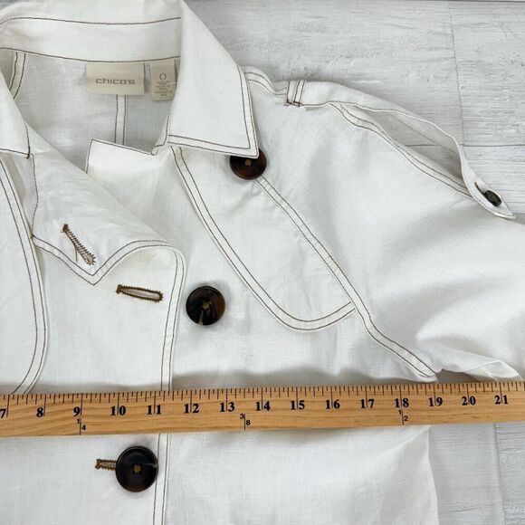 Chico’s 100% Linen Cropped Trench Jacket Women Small White Roll Sleeve Pockets - Picture 13 of 16